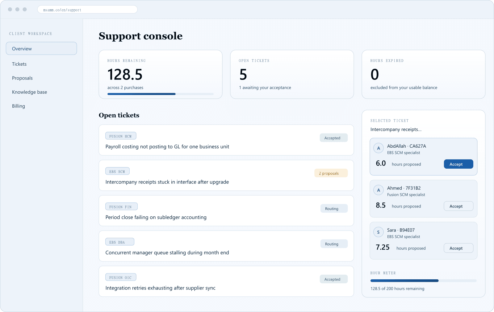 The MSAMM support console showing an hour balance and open tickets
