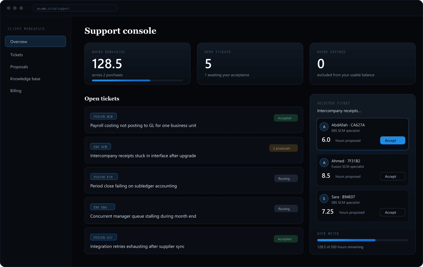 The MSAMM support console showing an hour balance and open tickets
