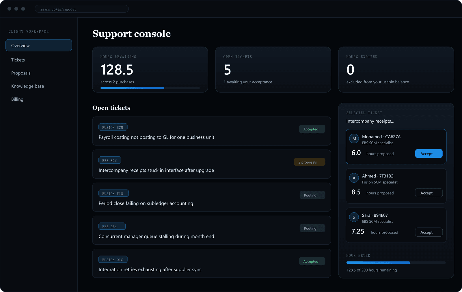 The MSAMM support console showing an hour balance and open tickets
